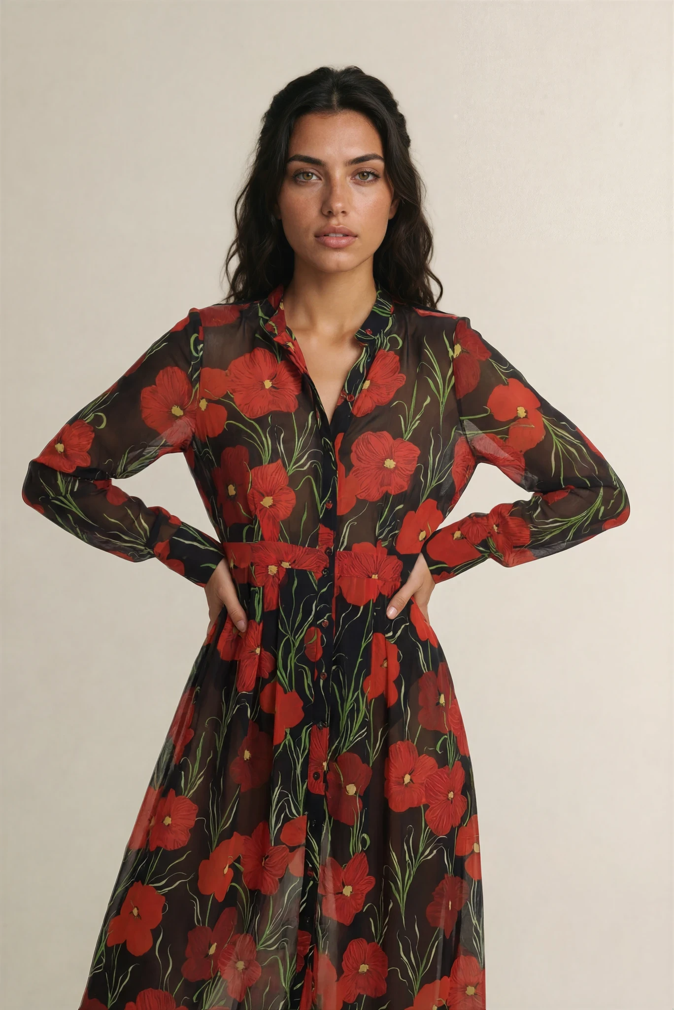 Nümph – Geblümtes Midikleid mit Mao‑Kragen